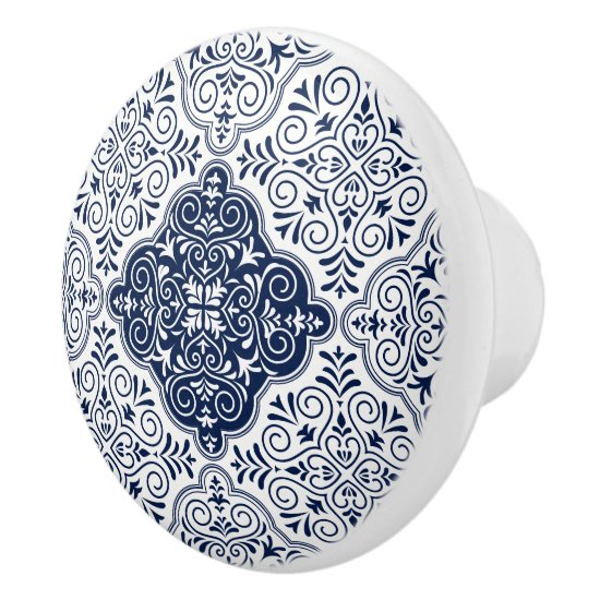 Navy-Blue Moroccan Floral Mandala Pattern Ceramic Knob
