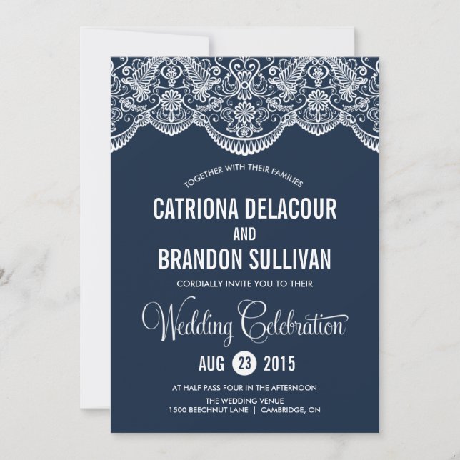 Navy Blue Moroccan Lace Pattern II Wedding Invitation (Front)