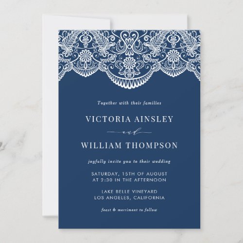 Navy Blue Moroccan Lace Pattern Wedding Invitation