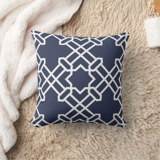 Navy Blue Moroccan Lattice Geometric Arabesque Throw Pillow