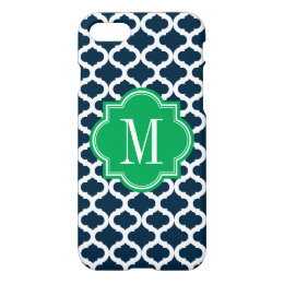 Navy Blue Moroccan Pattern with Green Monogram iPhone 8/7 Case
