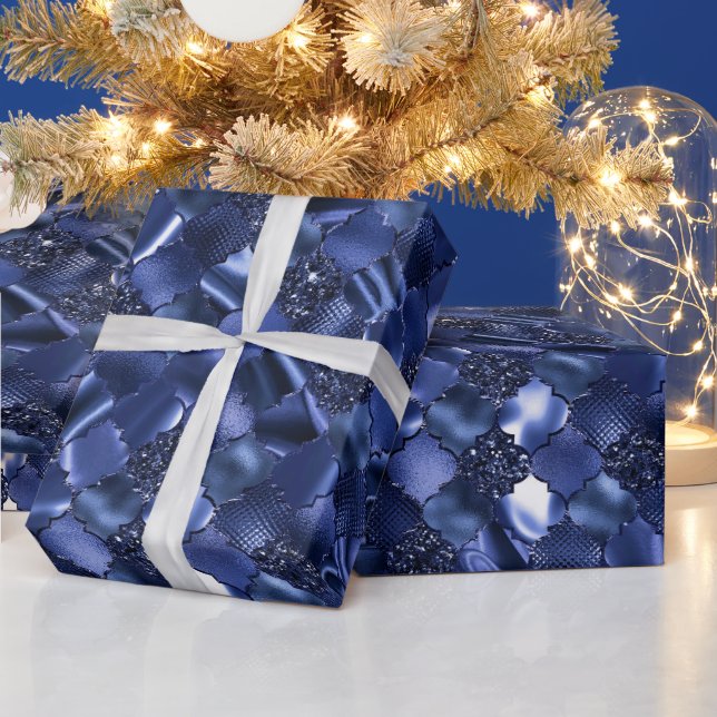 Navy Blue Moroccan Quatrefoil Pattern Wrapping Paper (Holidays)