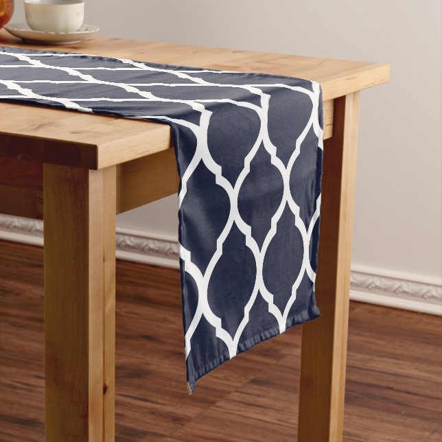 Navy Blue Moroccan Quatrefoil Short Table Runner (In Situ)