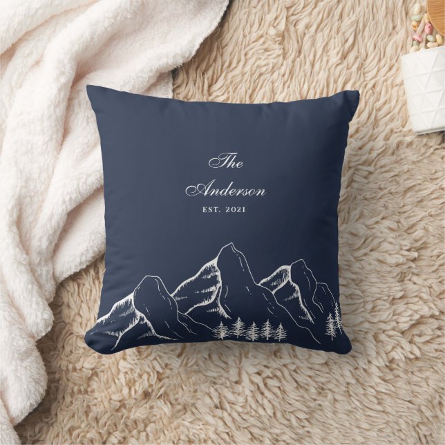 Navy Blue Mountain Pine Tree Family Throw Pillow (Blanket)