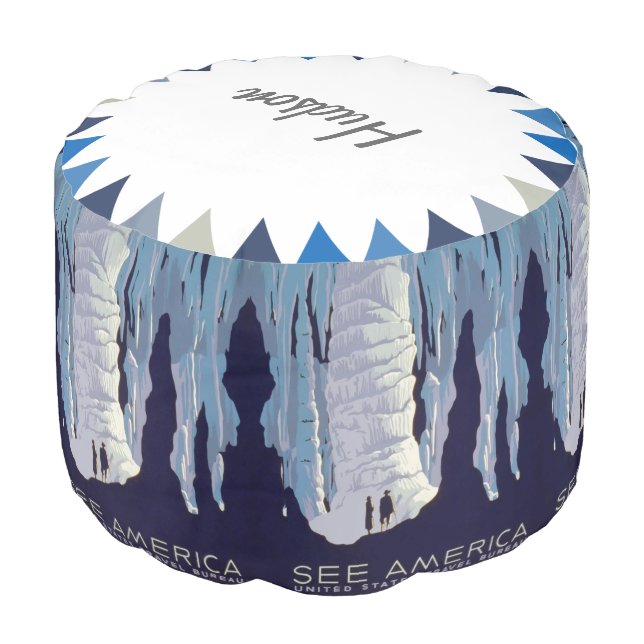 Navy Blue Mountain See America Caves Pouf (Angled Front)