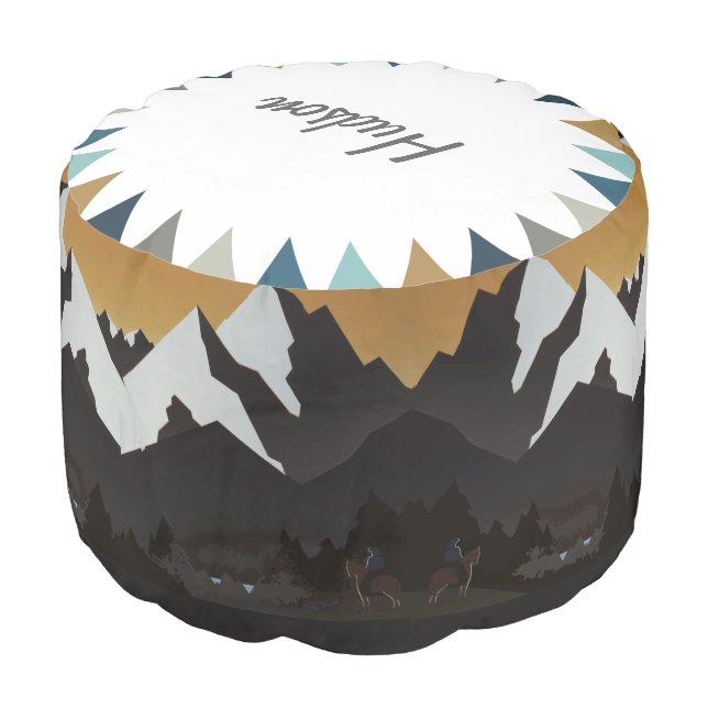 Navy Blue Mountain See America Caves Pouf (Angled Front)