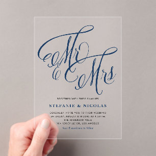 Navy Blue Mr. and Mrs. Rustic Calligraphy Wedding Acrylic Invitations