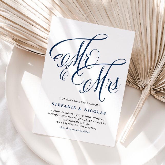 Navy Blue Mr and Mrs Rustic Script QR Code Wedding Invitation Postcard (Navy Blue Mr and Mrs Rustic Calligraphy QR Code Wedding Invitation Postcard)