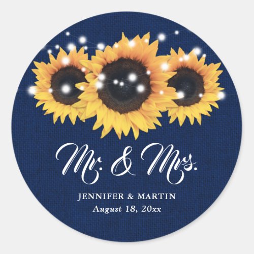 Navy Blue Mr and Mrs Sunflower Wedding Stickers