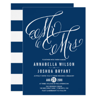 Navy Blue Mr. & Mrs. Elegant Script Wedding Invitation