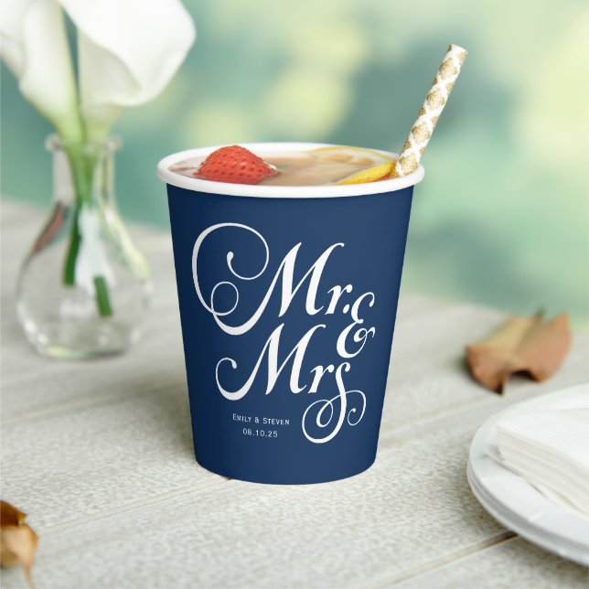 Navy Blue Mr. & Mrs. personalized rustic wedding Paper Cups (Insitu)