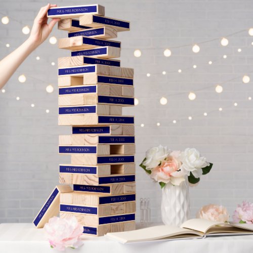 Navy Blue Mr  Mrs Wedding Date Game Topple Tower