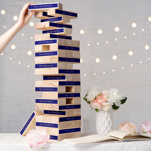 Navy Blue Mr & Mrs Wedding Date Game Topple Tower (Wedding)