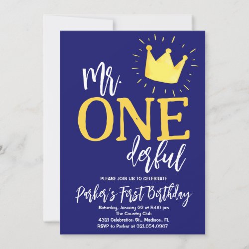 Navy Blue Mr Onederful Birthday Party Invitation