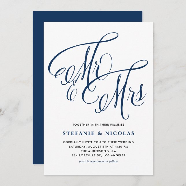 Navy Blue Mrs. and Mrs. Rustic Script Wedding Invitation (Front/Back)