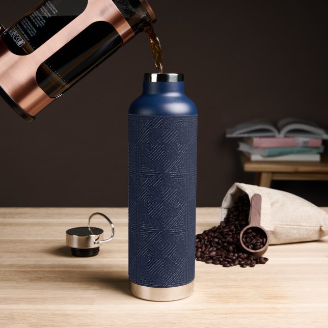 Navy Blue Mud Cloth Inspired Diamond Pattern Water Bottle (Coffee)