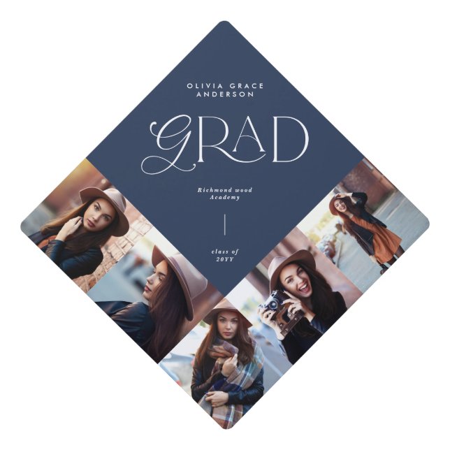 Navy blue multi photo modern contemporary graduation cap topper (Front)