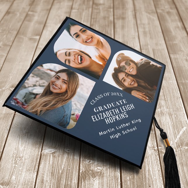 Navy Blue Multi Photo Modern Stylish Graduation Cap Topper (Creator Uploaded)