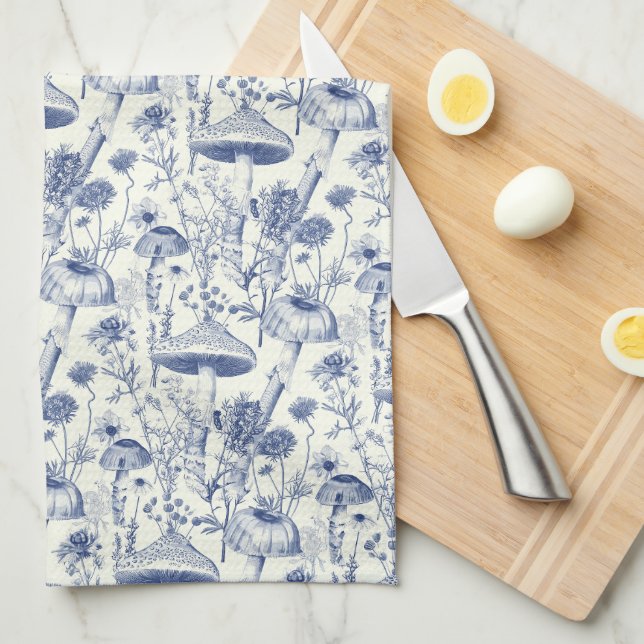 Navy Blue Mushroom Toile De Jouy Kitchen Towel (Quarter Fold)