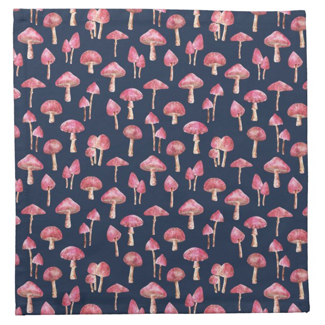 Navy Blue Mushroom Watercolor Pattern Cloth Napkin (Front)