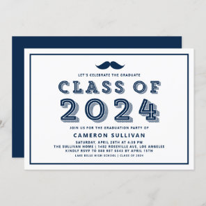 Navy Blue Mustache Class of 2024 Retro Graduation Invitation