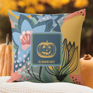 Navy Blue Mustard Fall Floral Pumpkin Throw Pillow
