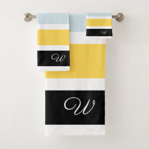Navy Blue Mustard Yellow Monogram Bath Towel Set