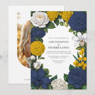Navy Blue, Mustard Yellow & White Floral Wedding Invitation