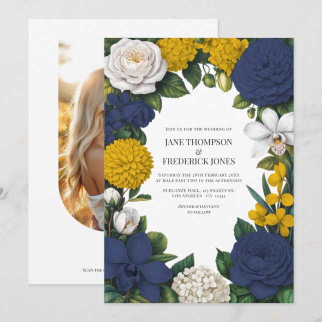 Navy Blue, Mustard Yellow & White Floral Wedding Invitation (Front/Back)
