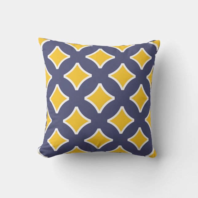Navy blue, mustard yellow, white, modern outdoor pillow (Front)