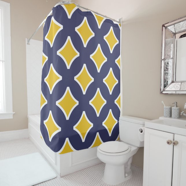 Navy blue, mustard yellow, white, modern shower curtain (In Situ)
