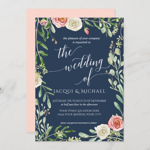 Navy Blue n Blush Floral Wedding Rose Foliage Leaf Invitation