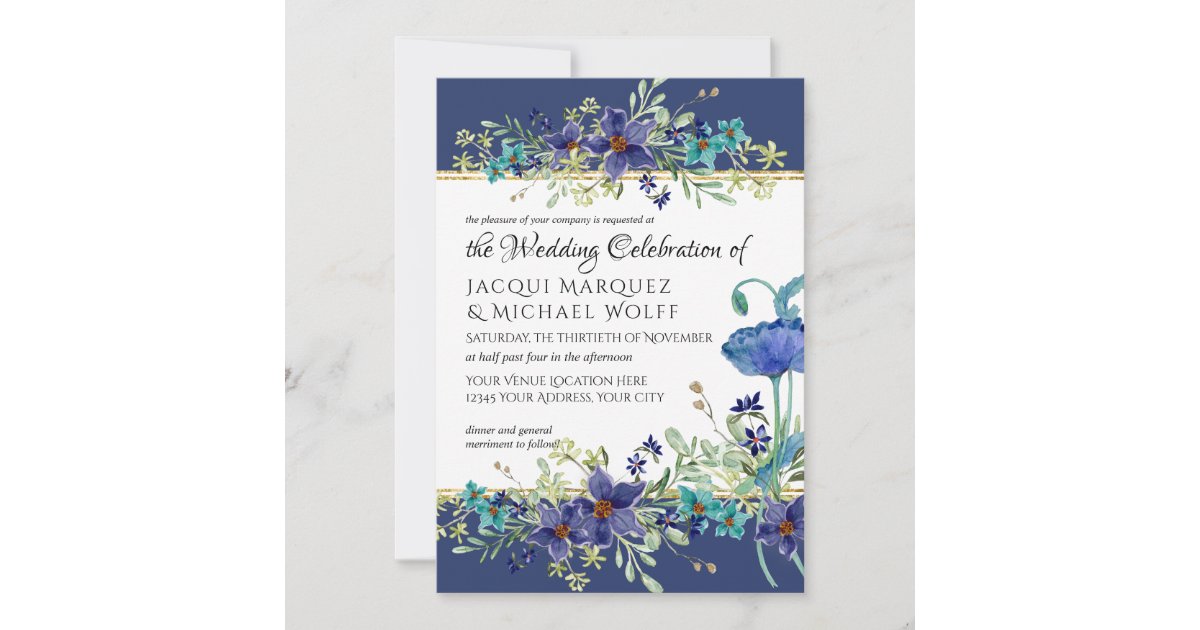 Navy Blue n Gold Watercolor Poppy Floral Wedding Invitation | Zazzle