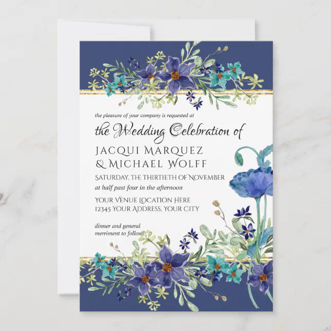 Navy Blue n Gold Watercolor Poppy Floral Wedding Invitation | Zazzle