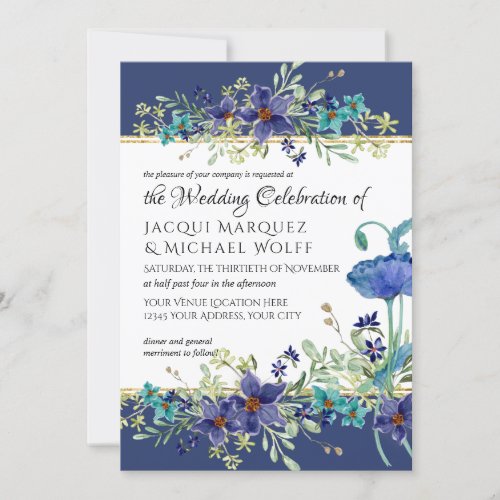 Navy Blue n Gold Watercolor Poppy Floral Wedding Invitation