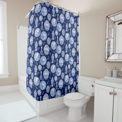 Navy Blue n White Chinoiserie Asian Floral Shower Curtain