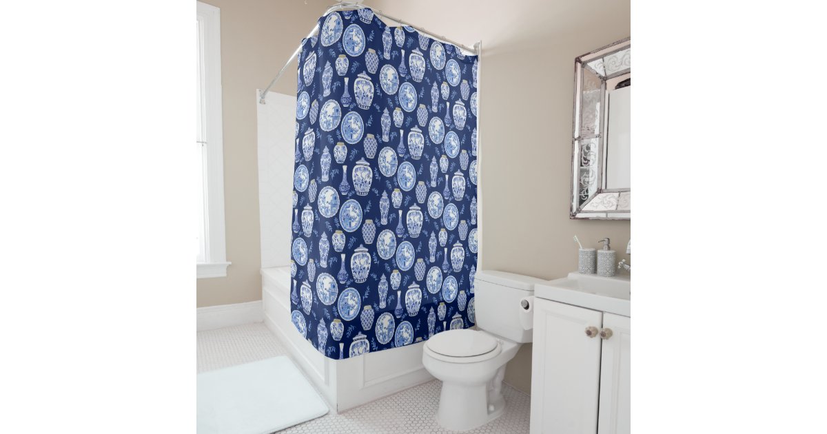 Navy Blue N White Chinoiserie Asian, Asian Shower Curtains
