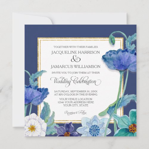 Navy Blue n White Watercolor Poppy Art Deco Floral Invitation