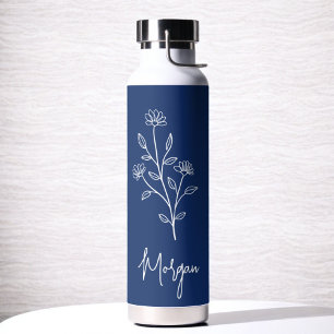 Navy Blue Name Floral Bachelorette Bridal Water Bottle