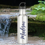 Navy Blue Name Handwritten Script Custom Stainless Steel Water Bottle<br><div class="desc">A trendy navy blue personalized monogram water bottle for a girl or guy who loves simple,  handwritten gifts. Beautiful cursive script down the side of your bottle spelling out your name in cool typography.</div>