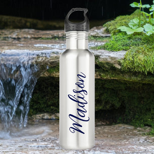 Navy Blue Name Handwritten Script Custom Stainless Steel Water Bottle