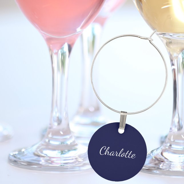 Navy blue name minimalist script Christmas Wine Charm (Creator Uploaded)