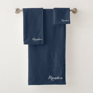 Navy Blue Name Modern Elegant Monogram Boho Bath Towel Set