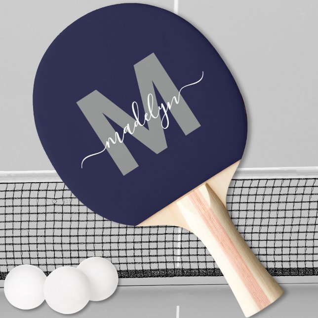 Navy Blue Name Monogram Ping Pong Paddle (Navy Blue Elegant Script Name Monogram Ping Pong Paddle)