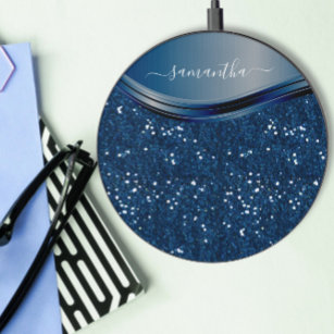 Navy Blue Name Personalized Glitter Look Wireless Charger