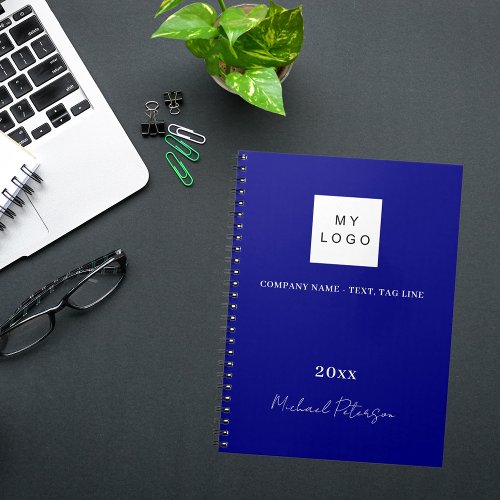 Navy blue name script business logo notebook