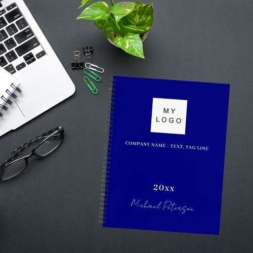 Navy blue name script business logo notebook