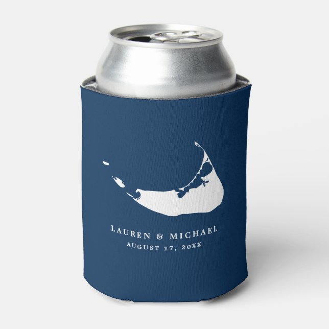 Navy Blue  Nantucket Island Map Wedding Favor Can Cooler (Can Front)