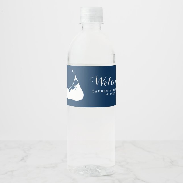 Navy Blue Nantucket Island Map Wedding Water Bottle Label (Front)