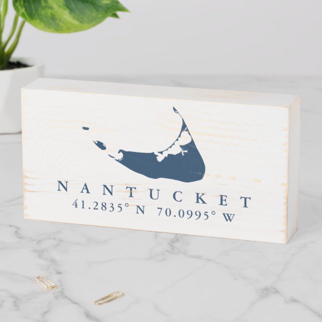 Navy Blue Nantucket Island Map with Coordinates Wooden Box Sign (In Situ Horizontal)